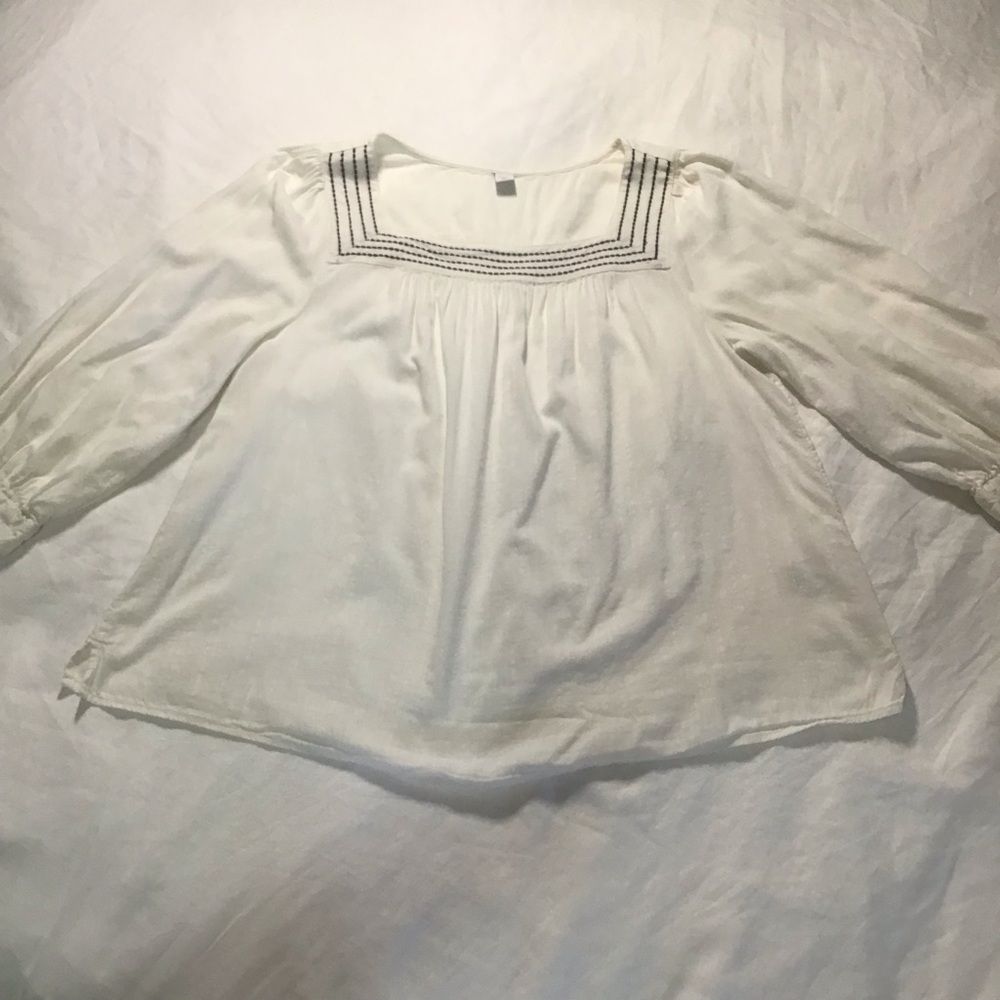 Old Navy White Square Neck Top w/Black Embroidery Long Sleeve, Size L